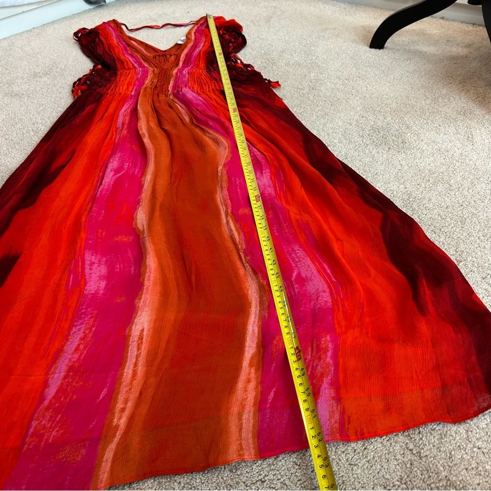 Zara red pink tie-dye BoHo V-neck midi dress Sz M tropical beach vacation NWOT - Picture 10 of 16